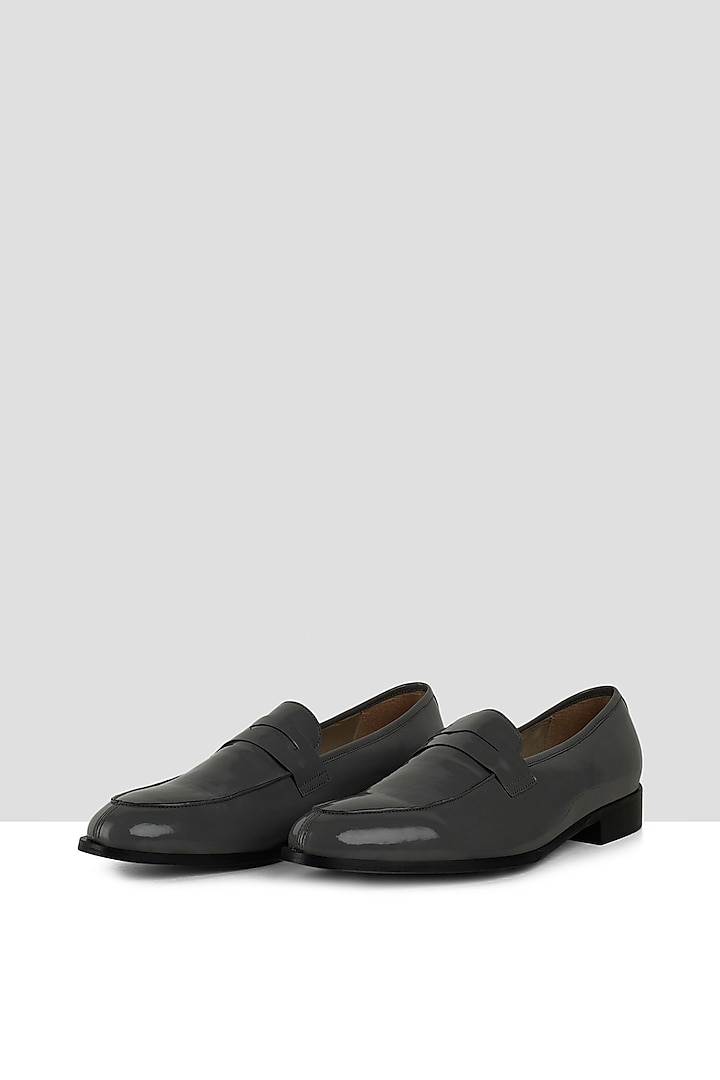 Grey Vegan Leather Patent Penny Loafers by Ankit V Kapoor