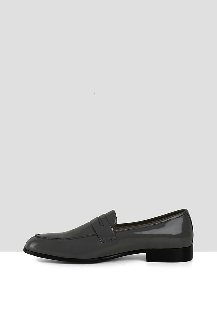 Grey Vegan Leather Patent Penny Loafers by Ankit V Kapoor at Pernia's Pop Up Shop