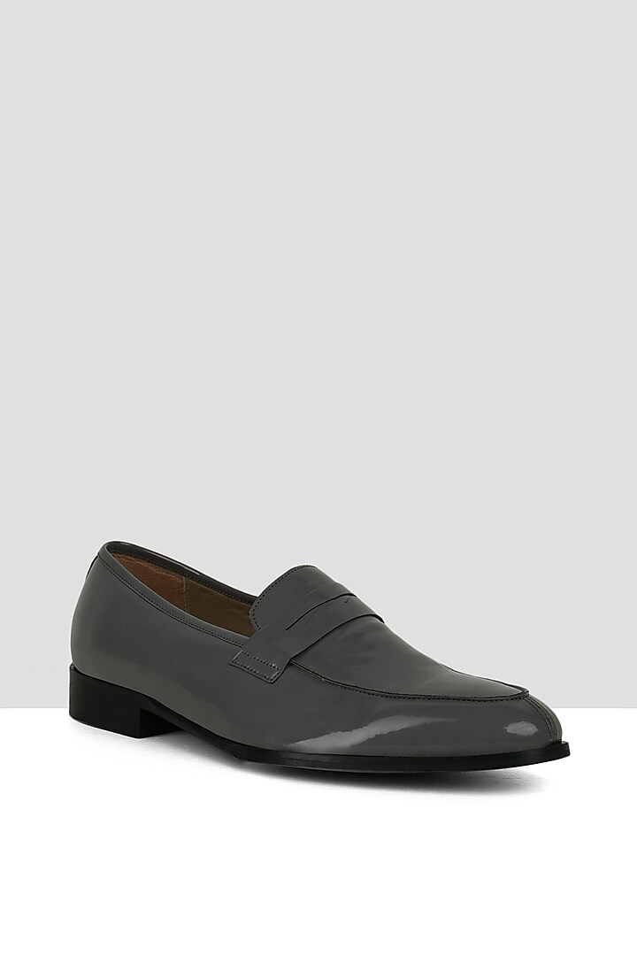 Grey Vegan Leather Patent Penny Loafers by Ankit V Kapoor at Pernia's Pop Up Shop