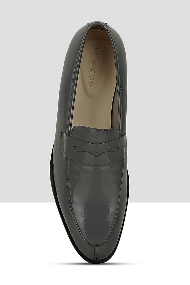 Grey Vegan Leather Patent Penny Loafers by Ankit V Kapoor at Pernia's Pop Up Shop