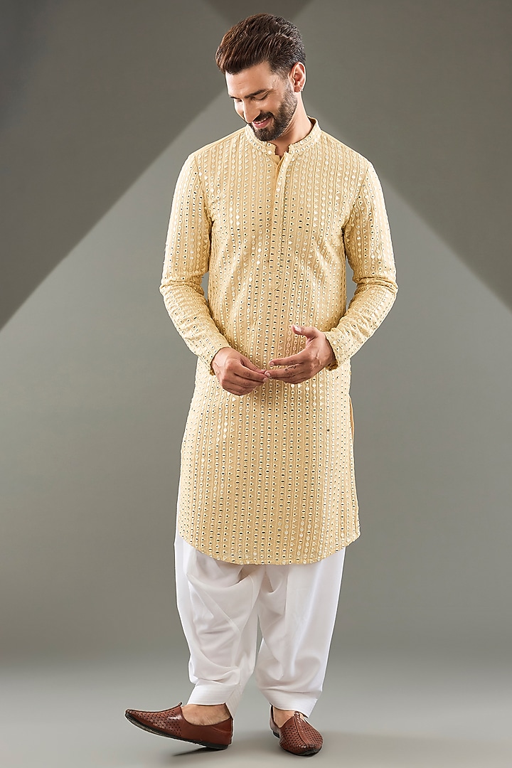 Gold Cotton Silk Mirror Work Kurta Set by Ankit V Kapoor at Pernia's Pop Up Shop