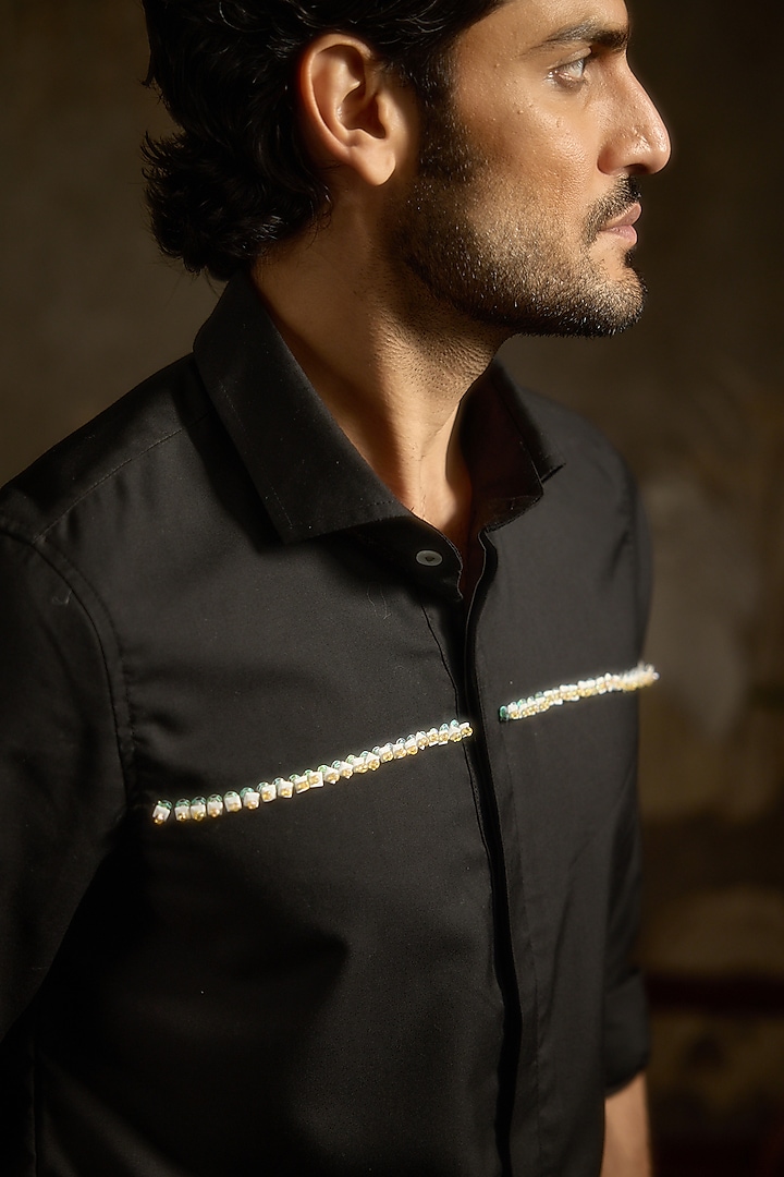 Black Suiting Fabric Cutdana Embroidered Party Wear Shirt by Ankit V Kapoor at Pernia's Pop Up Shop