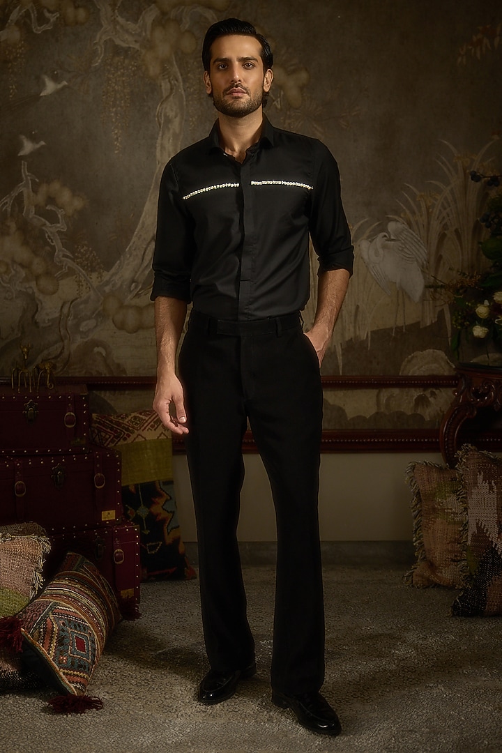 Black Suiting Fabric Cutdana Embroidered Party Wear Shirt by Ankit V Kapoor at Pernia's Pop Up Shop