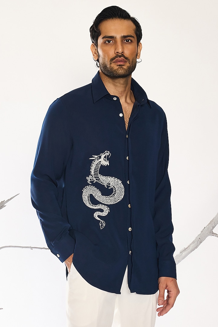Dark Blue Japanese Fabric Hand Embroidered Party Wear Shirt by Ankit V Kapoor at Pernia's Pop Up Shop