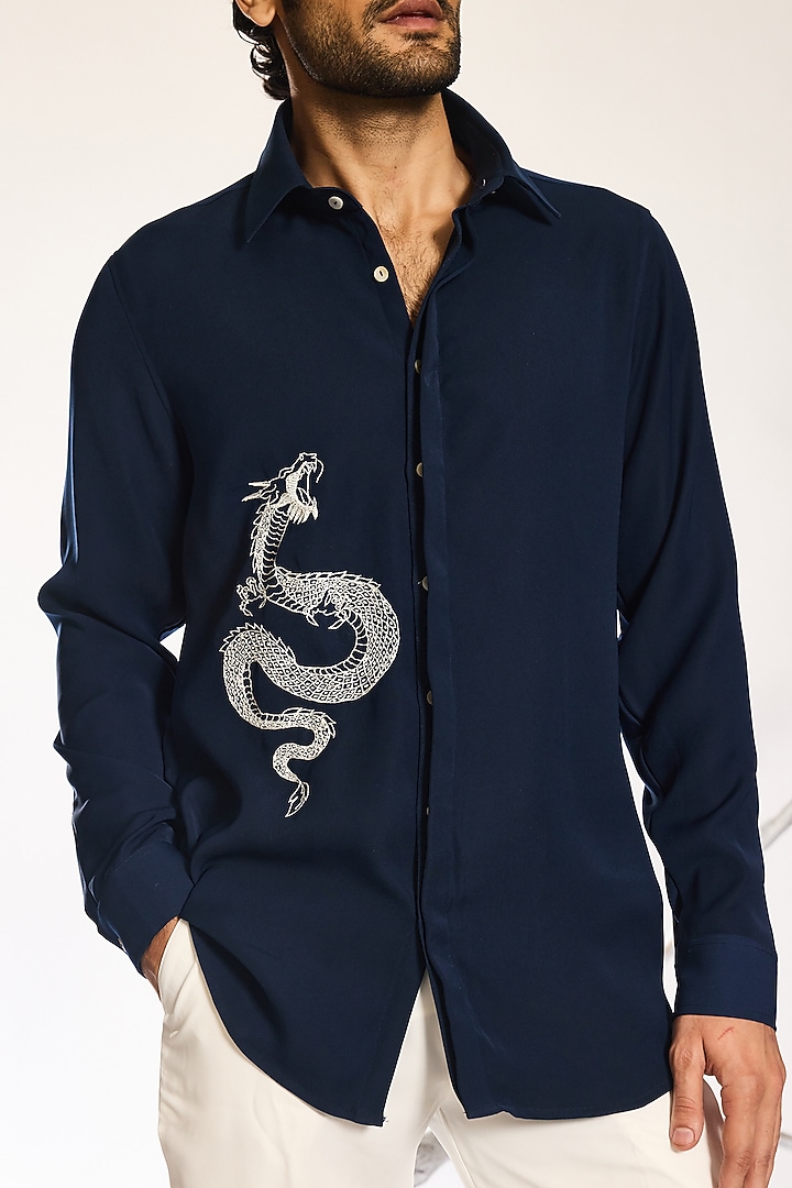 Dark Blue Japanese Fabric Hand Embroidered Party Wear Shirt by Ankit V Kapoor at Pernia's Pop Up Shop