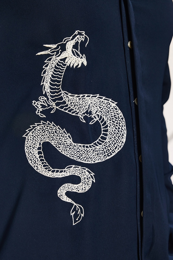 Dark Blue Japanese Fabric Hand Embroidered Party Wear Shirt by Ankit V Kapoor at Pernia's Pop Up Shop