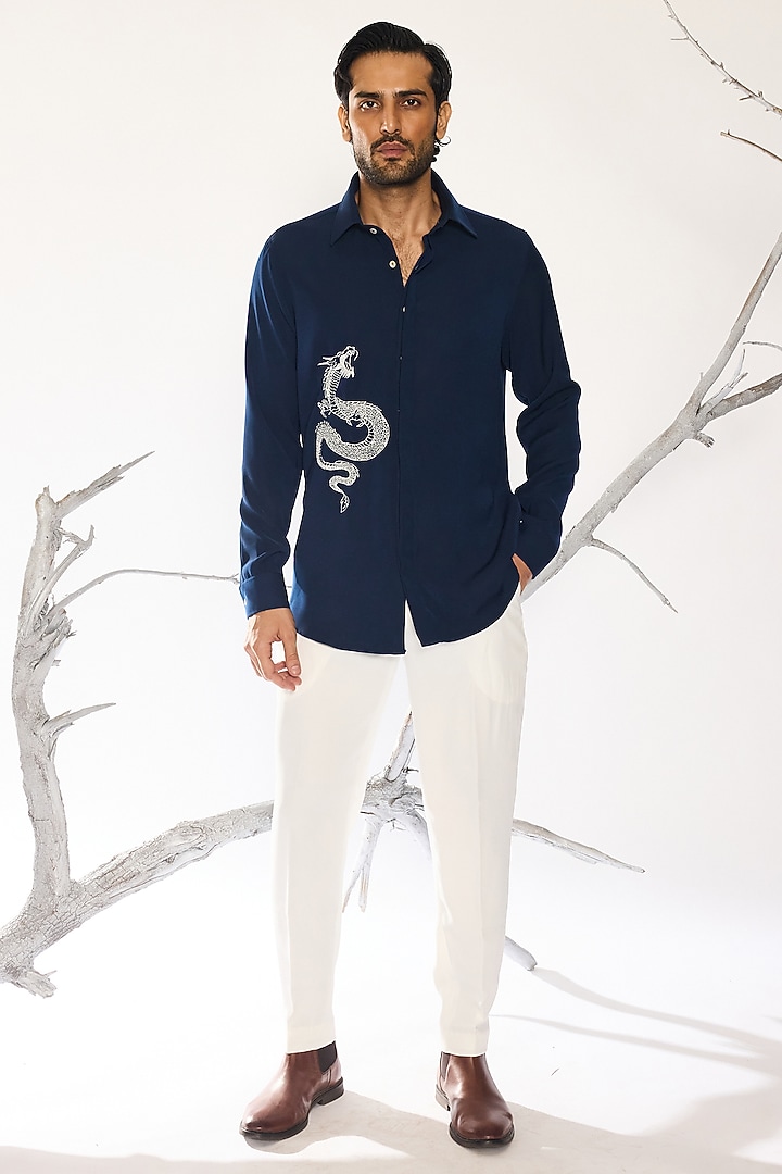 Dark Blue Japanese Fabric Hand Embroidered Party Wear Shirt by Ankit V Kapoor at Pernia's Pop Up Shop