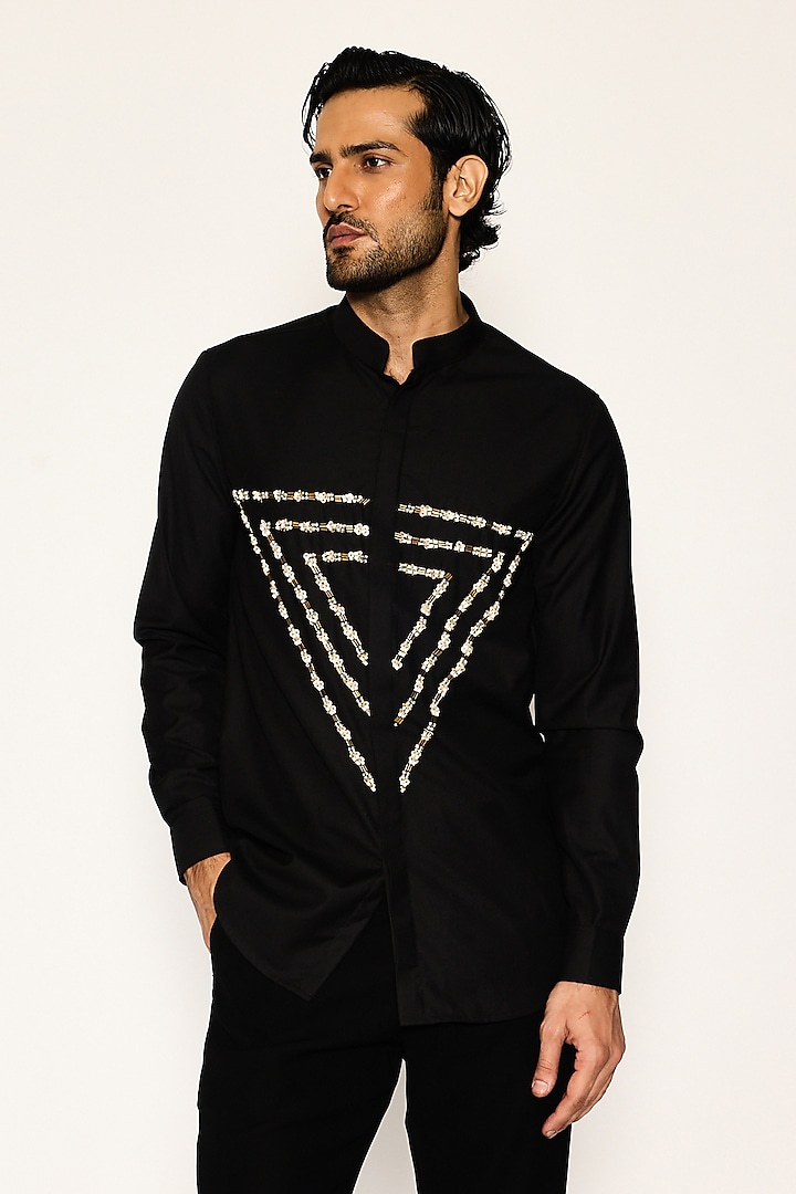 Black Suiting Fabric Hand Embroidered Party Wear Shirt by Ankit V Kapoor at Pernia's Pop Up Shop