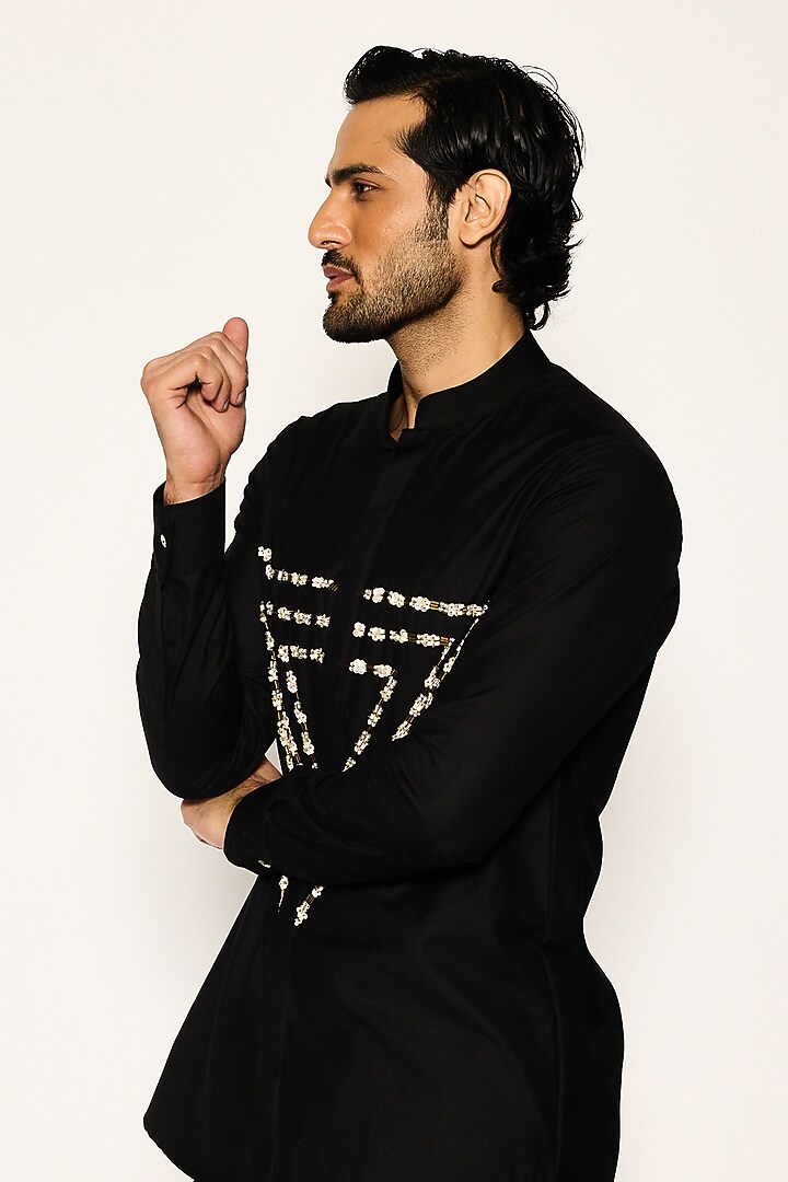 Black Suiting Fabric Hand Embroidered Party Wear Shirt by Ankit V Kapoor at Pernia's Pop Up Shop