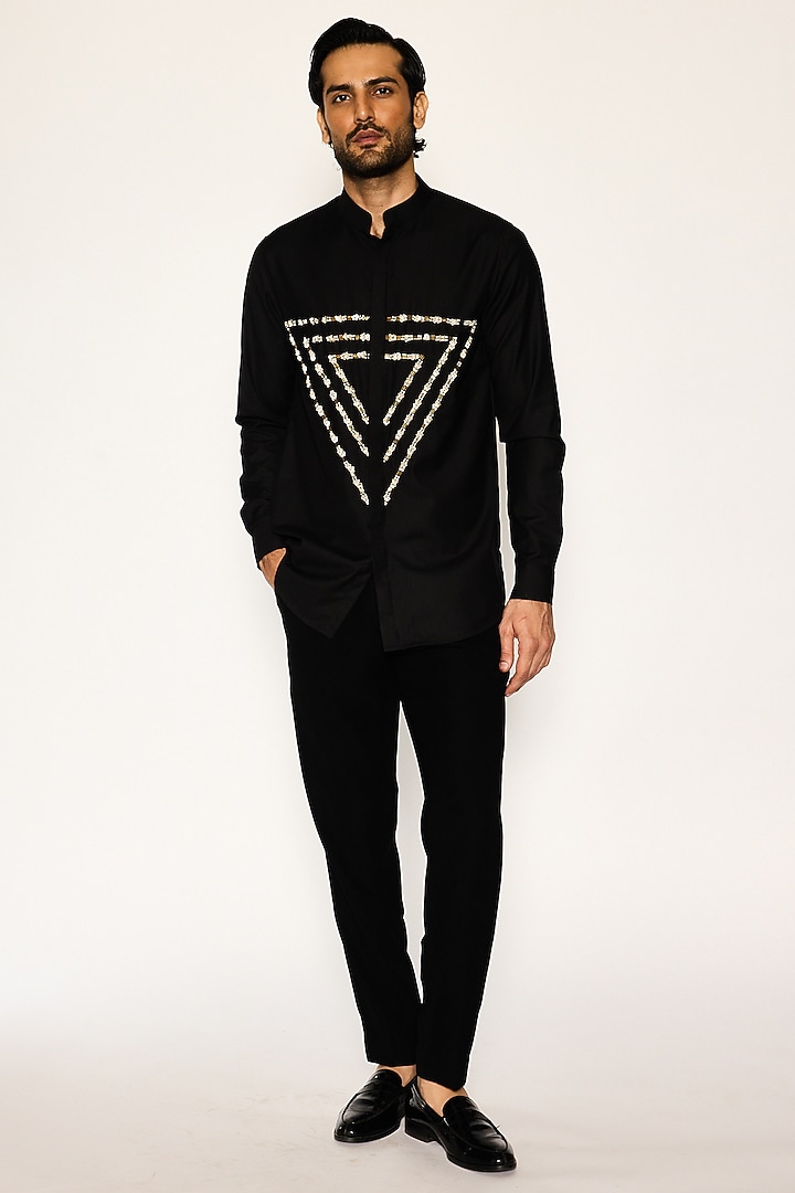 Black Suiting Fabric Hand Embroidered Party Wear Shirt by Ankit V Kapoor at Pernia's Pop Up Shop