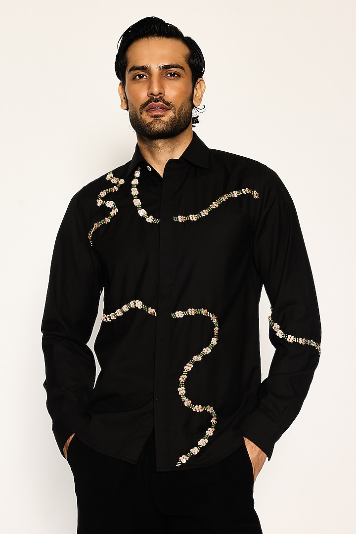 Black Suiting Fabric Hand Embroidered Shirt by Ankit V Kapoor