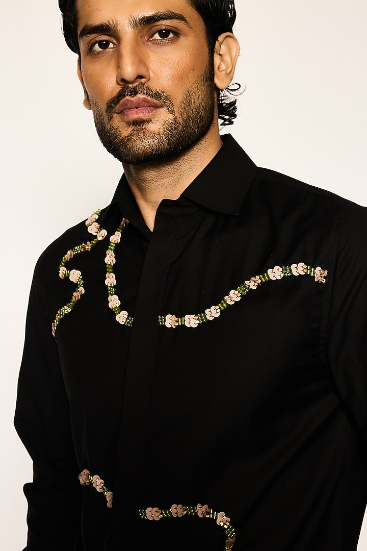 Black Suiting Fabric Hand Embroidered Party Wear Shirt by Ankit V Kapoor at Pernia's Pop Up Shop