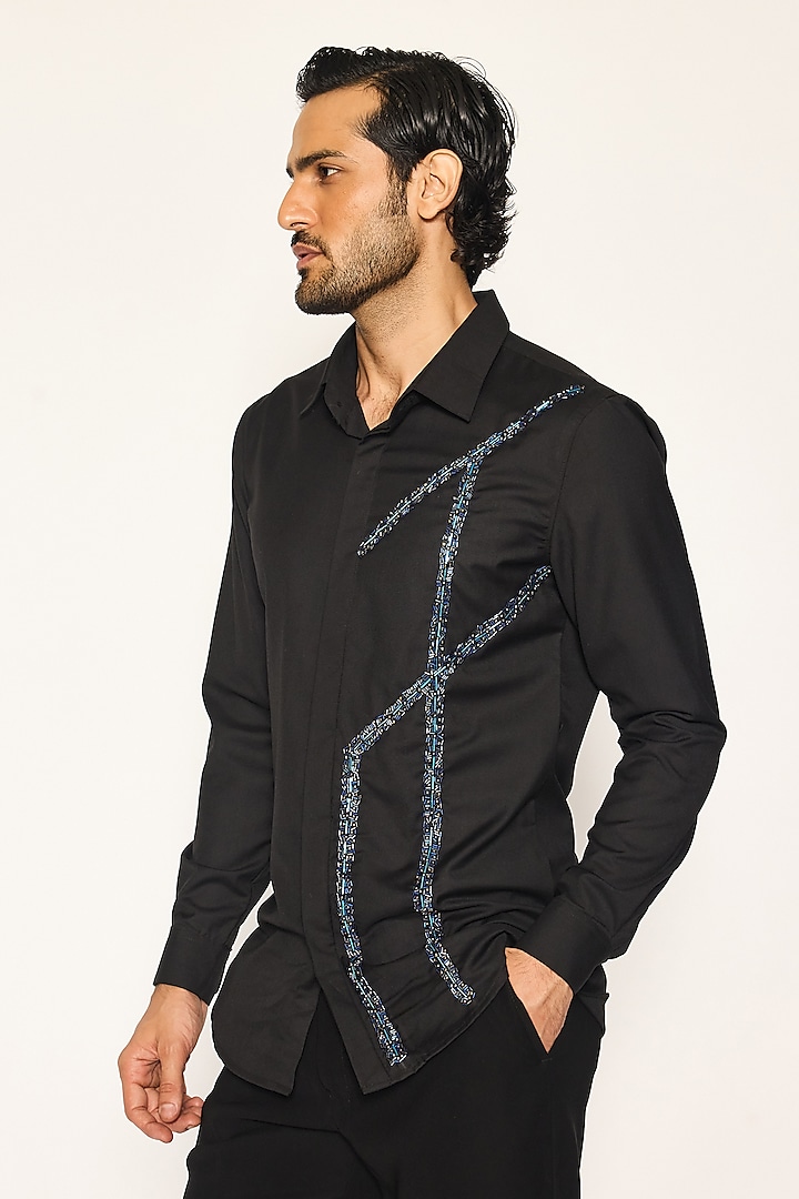 Black Suiting Fabric Hand Embroidered Shirt by Ankit V Kapoor