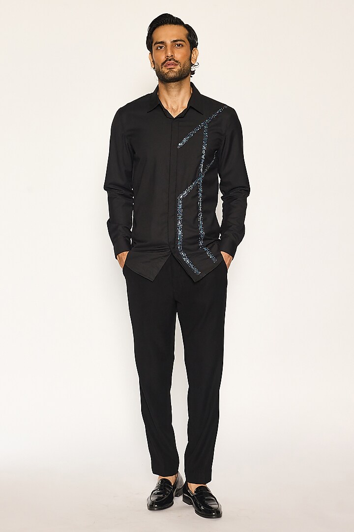 Black Suiting Fabric Hand Embroidered Party Wear Shirt by Ankit V Kapoor at Pernia's Pop Up Shop