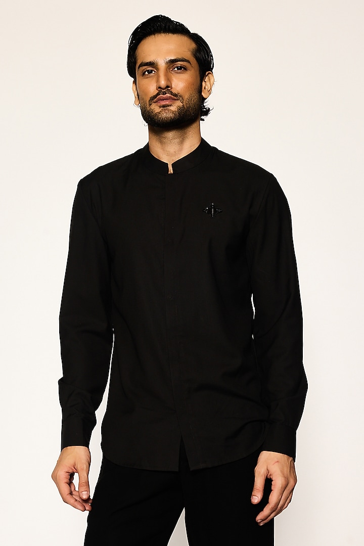 Black Suiting Fabric Crest Embroidered Shirt by Ankit V Kapoor
