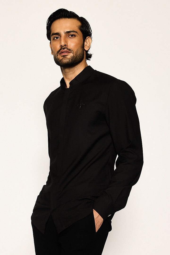 Black Suiting Fabric Crest Embroidered Party Wear Shirt by Ankit V Kapoor at Pernia's Pop Up Shop