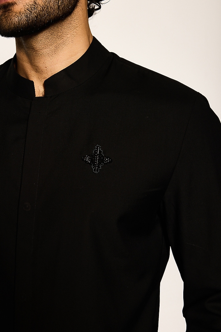 Black Suiting Fabric Crest Embroidered Party Wear Shirt by Ankit V Kapoor at Pernia's Pop Up Shop