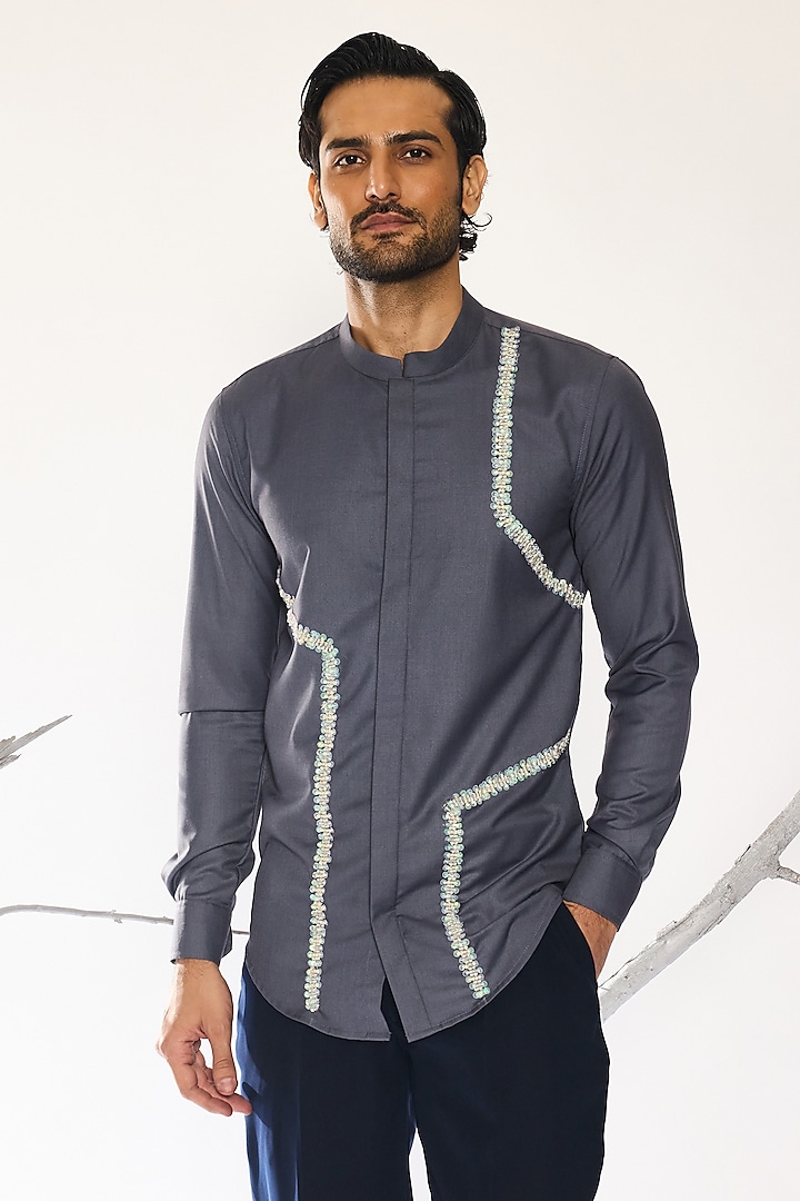 Black Suiting Fabric Printed & Hand Embroidered Shirt by Ankit V Kapoor