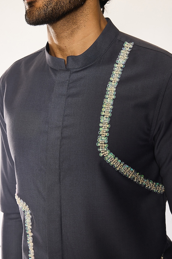 Black Suiting Fabric Printed & Hand Embroidered Party Wear Shirt by Ankit V Kapoor at Pernia's Pop Up Shop