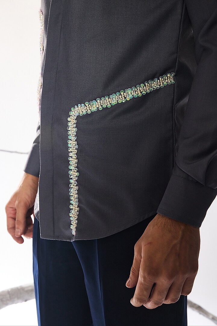 Black Suiting Fabric Printed & Hand Embroidered Party Wear Shirt by Ankit V Kapoor at Pernia's Pop Up Shop