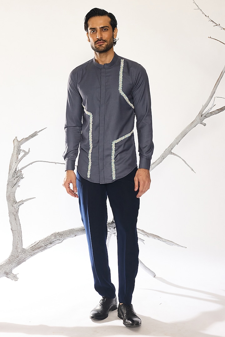 Black Suiting Fabric Printed & Hand Embroidered Party Wear Shirt by Ankit V Kapoor at Pernia's Pop Up Shop