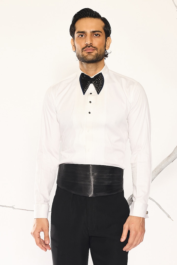Ivory Suiting Fabric Tuxedo Shirt by Ankit V Kapoor