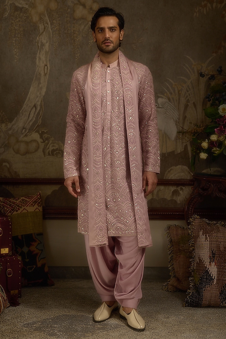 Carnation Pink Georgette Machine Embroidered Kurta Set by Ankit V Kapoor