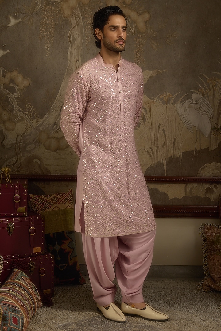 Carnation Pink Georgette Machine Embroidered Kurta Set by Ankit V Kapoor at Pernia's Pop Up Shop