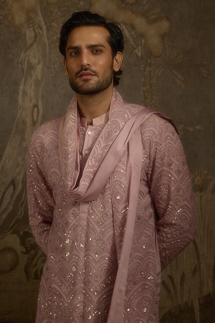 Carnation Pink Georgette Machine Embroidered Kurta Set by Ankit V Kapoor at Pernia's Pop Up Shop