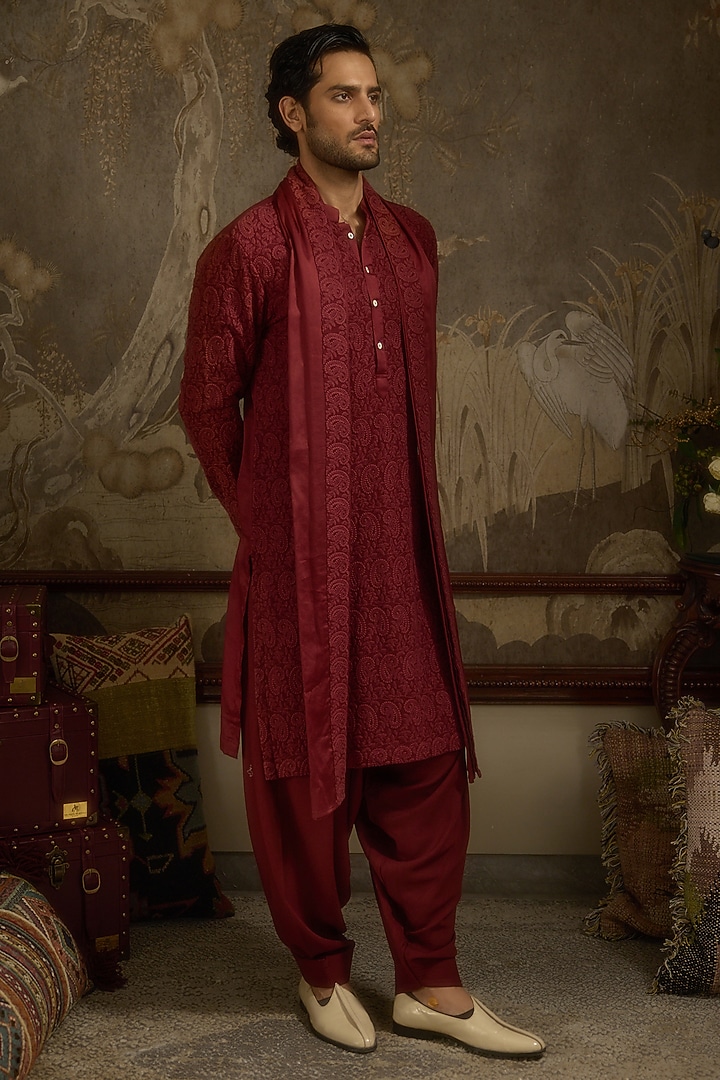 Maroon Georgette Machine Embroidered Kurta Set by Ankit V Kapoor at Pernia's Pop Up Shop