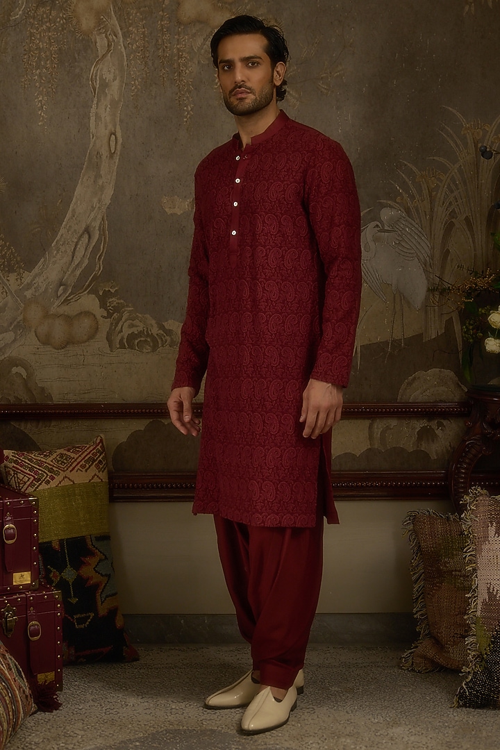 Maroon Georgette Machine Embroidered Kurta Set by Ankit V Kapoor at Pernia's Pop Up Shop