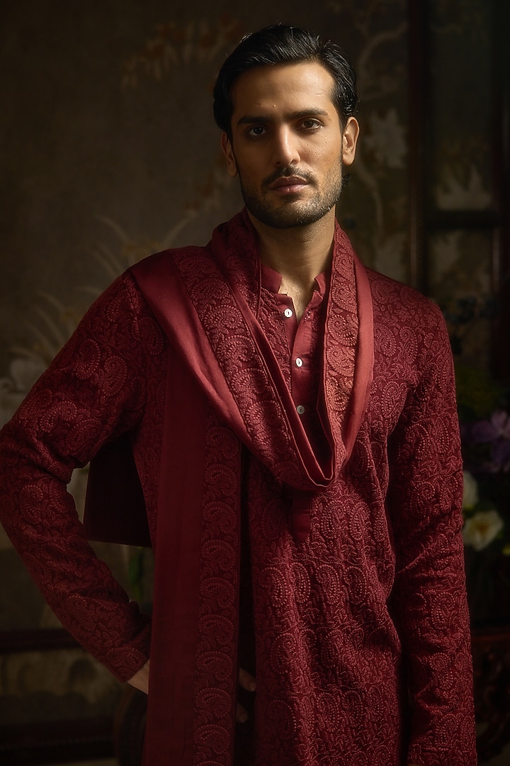 Maroon Georgette Machine Embroidered Kurta Set by Ankit V Kapoor at Pernia's Pop Up Shop