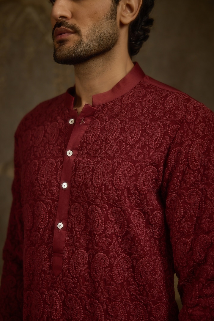 Maroon Georgette Machine Embroidered Kurta Set by Ankit V Kapoor at Pernia's Pop Up Shop