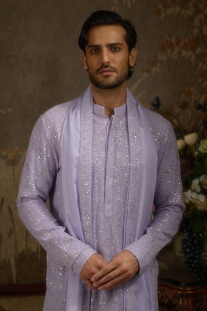Lilac Georgette Machine Embroidered Kurta Set by Ankit V Kapoor at Pernia's Pop Up Shop
