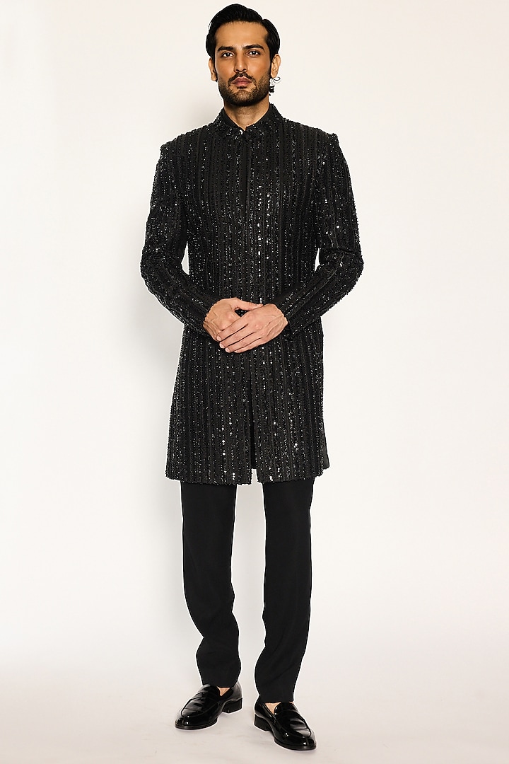 Black Japanese Sequins Embroidered Groom Indowestern Set by Ankit V Kapoor at Pernia's Pop Up Shop