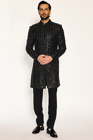 Black Japanese Sequins Embroidered Indowestern Set by Ankit V Kapoor