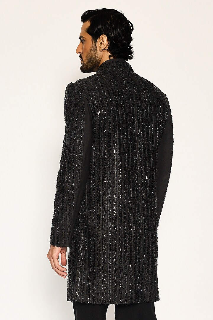 Black Japanese Sequins Embroidered Groom Indowestern Set by Ankit V Kapoor at Pernia's Pop Up Shop