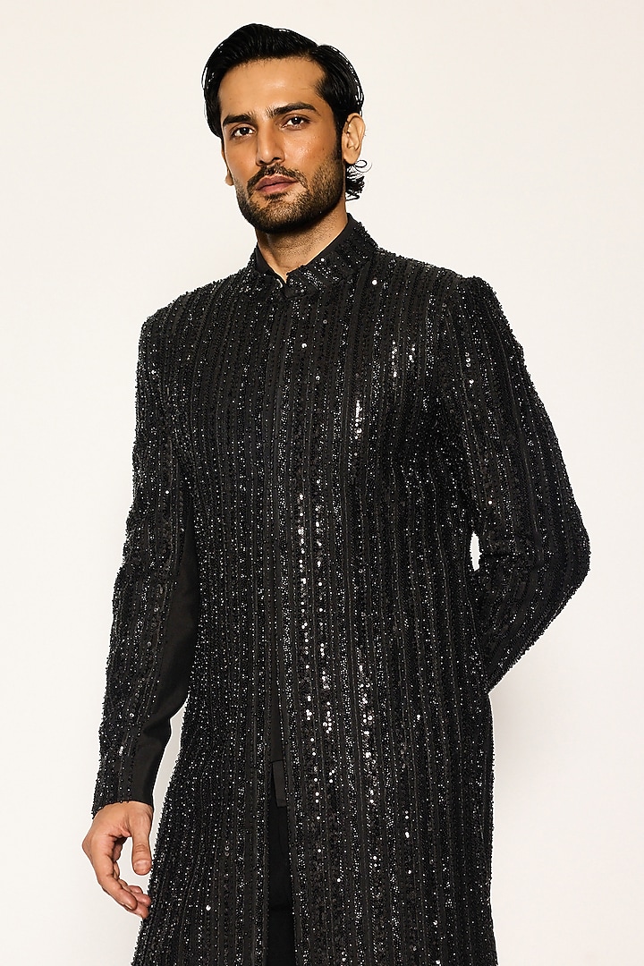 Black Japanese Sequins Embroidered Groom Indowestern Set by Ankit V Kapoor at Pernia's Pop Up Shop
