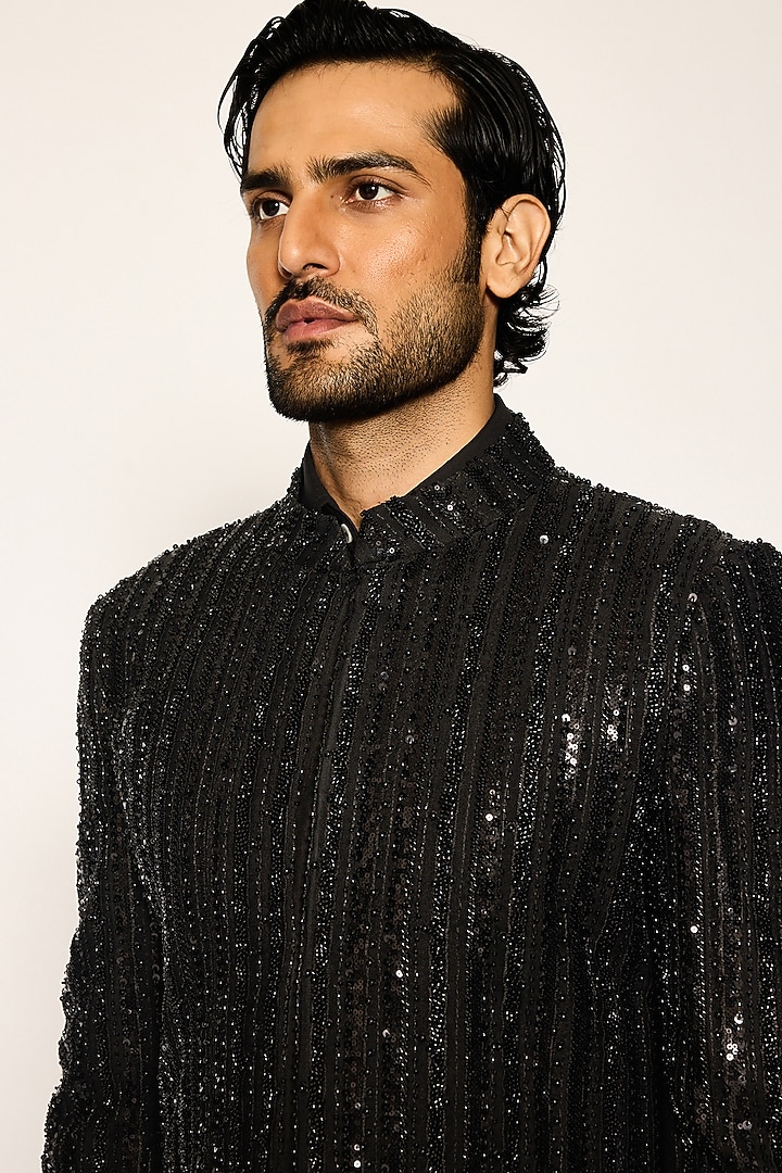Black Japanese Sequins Embroidered Groom Indowestern Set by Ankit V Kapoor at Pernia's Pop Up Shop