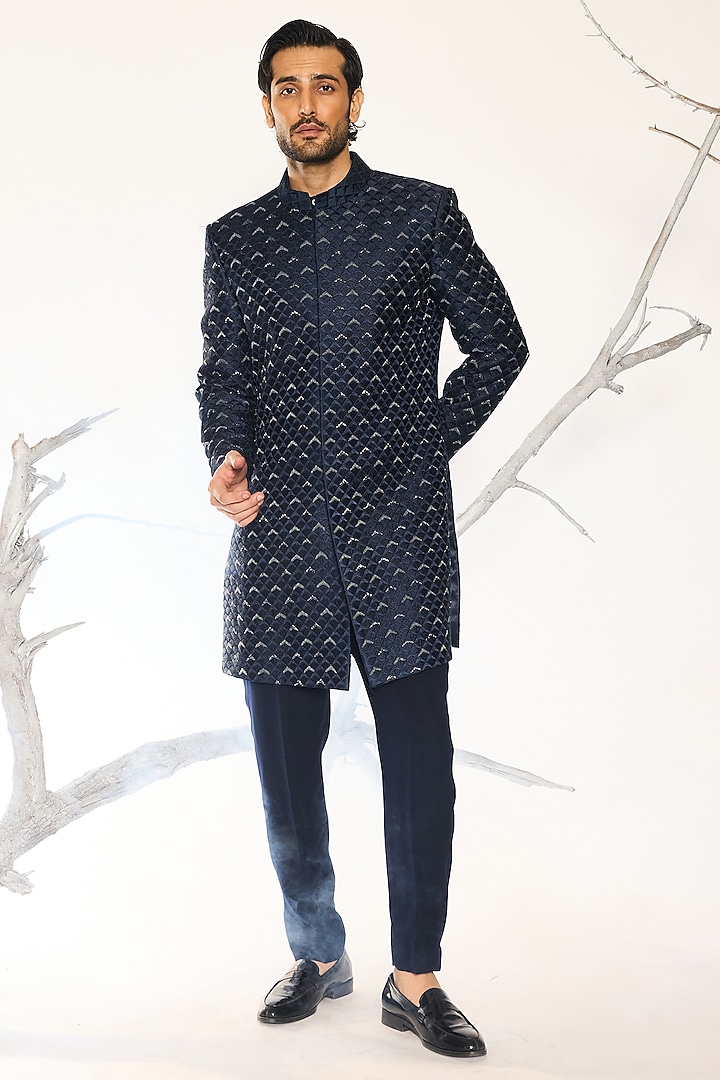 Nebula Blue Cotton Silk Blend Hand Embroidered Wedding Indowestern Set by Ankit V Kapoor at Pernia's Pop Up Shop