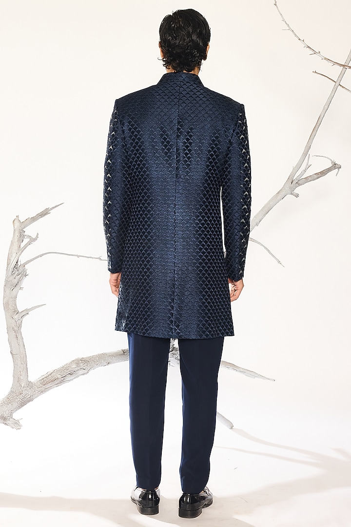 Nebula Blue Cotton Silk Blend Hand Embroidered Groom Indowestern Set by Ankit V Kapoor at Pernia's Pop Up Shop