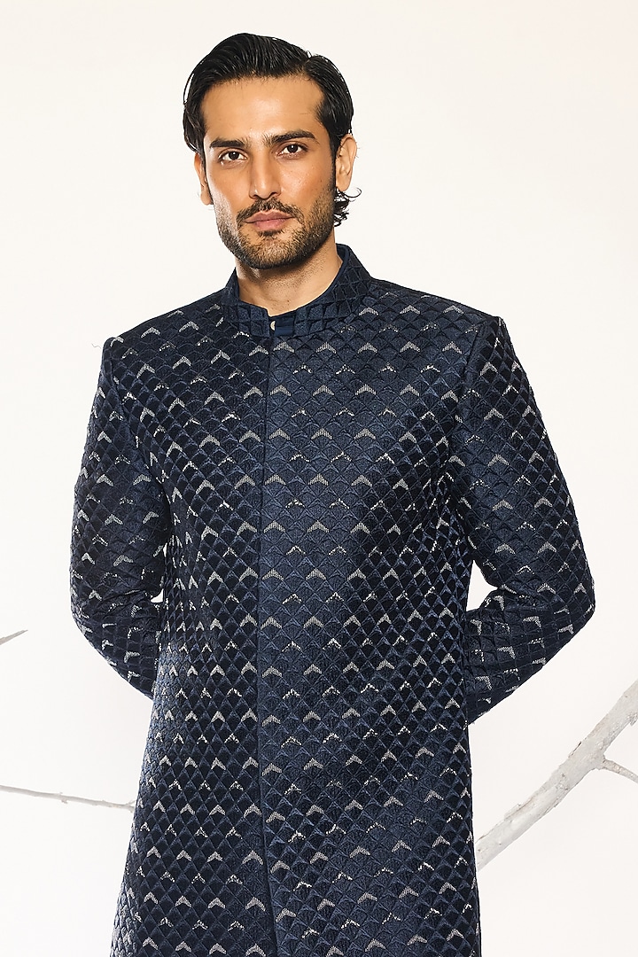 Nebula Blue Cotton Silk Blend Hand Embroidered Groom Indowestern Set by Ankit V Kapoor at Pernia's Pop Up Shop