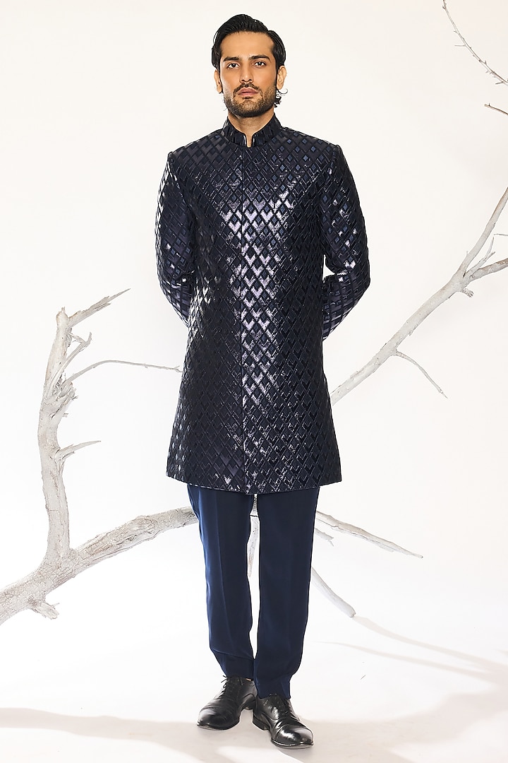 Dusk Blue Imported Crepe Patchwork Indowestern Set by Ankit V Kapoor