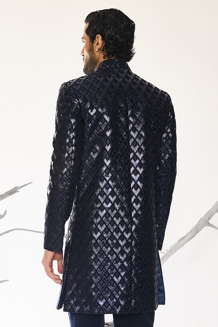 Dusk Blue Imported Crepe Patchwork Groom Indowestern Set by Ankit V Kapoor at Pernia's Pop Up Shop