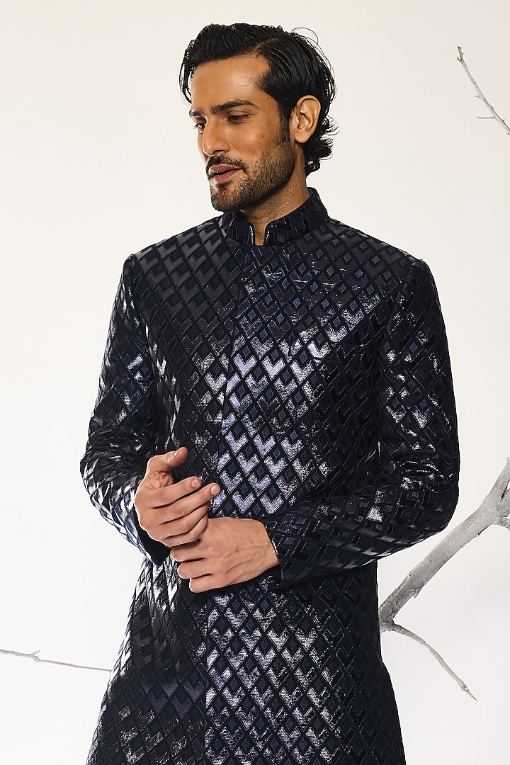 Dusk Blue Imported Crepe Patchwork Groom Indowestern Set by Ankit V Kapoor at Pernia's Pop Up Shop