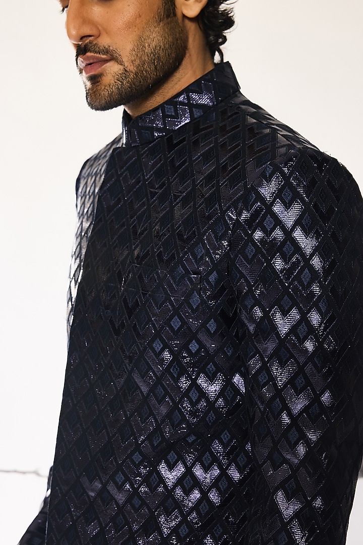 Dusk Blue Imported Crepe Patchwork Groom Indowestern Set by Ankit V Kapoor at Pernia's Pop Up Shop