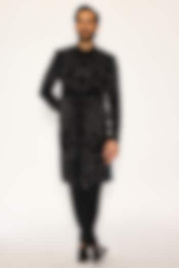 Jet Black Japanese Suiting Fabric Hand Embroidered Groom Indowestern Set by Ankit V Kapoor at Pernia's Pop Up Shop