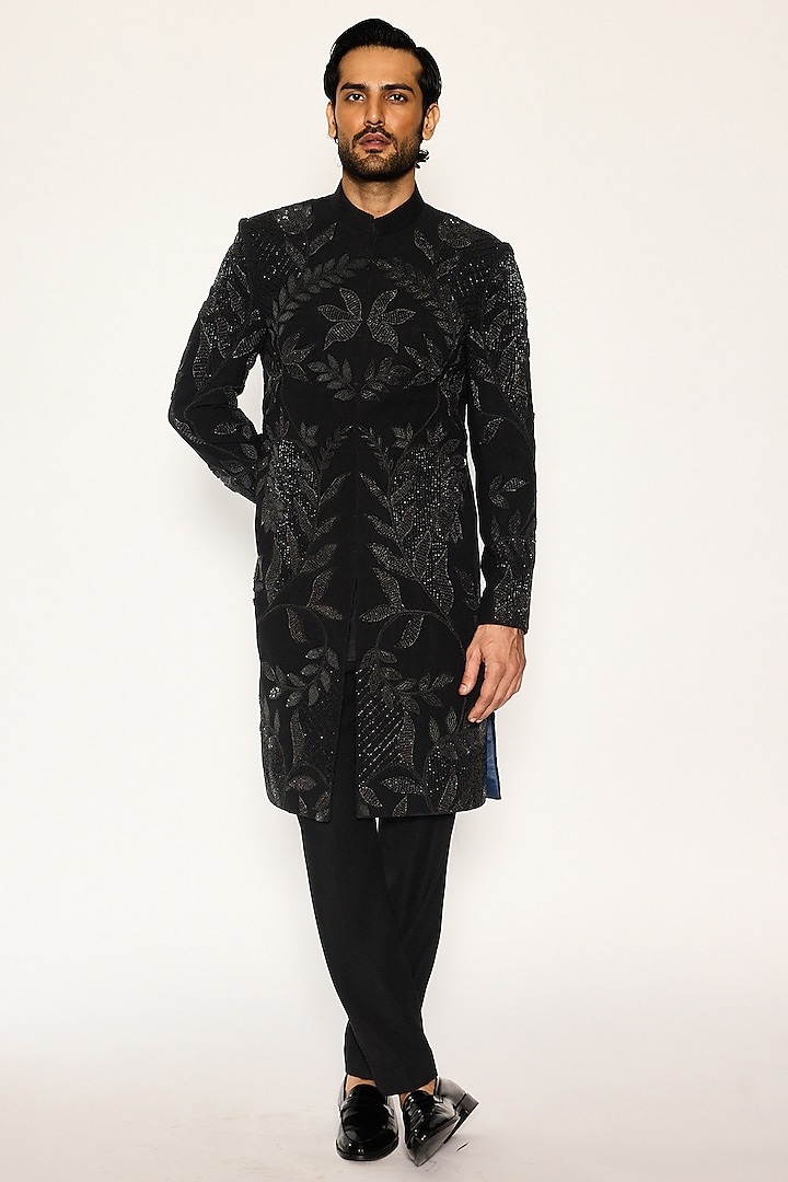 Jet Black Japanese Suiting Fabric Hand Embroidered Groom Indowestern Set by Ankit V Kapoor at Pernia's Pop Up Shop