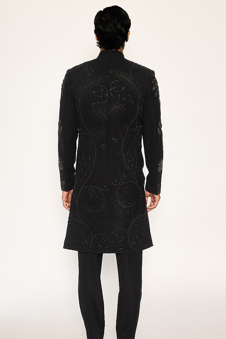 Jet Black Japanese Suiting Fabric Hand Embroidered Groom Indowestern Set by Ankit V Kapoor at Pernia's Pop Up Shop