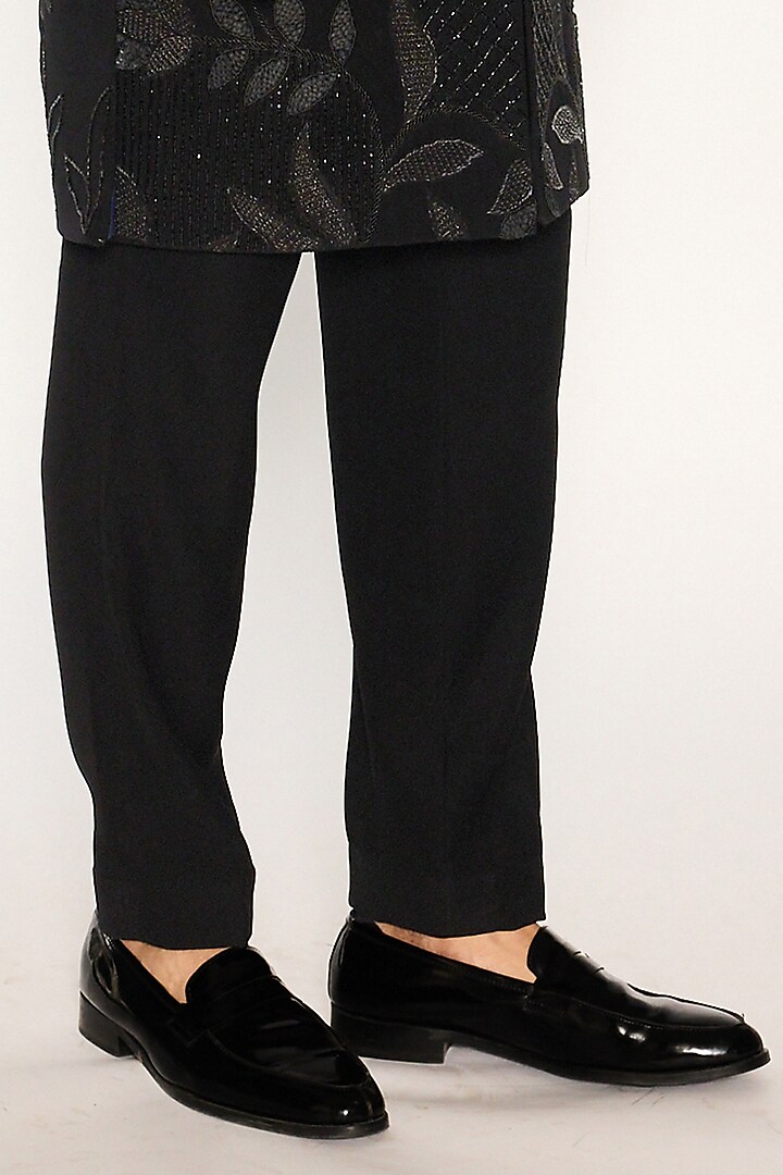 Jet Black Japanese Suiting Fabric Hand Embroidered Groom Indowestern Set by Ankit V Kapoor at Pernia's Pop Up Shop